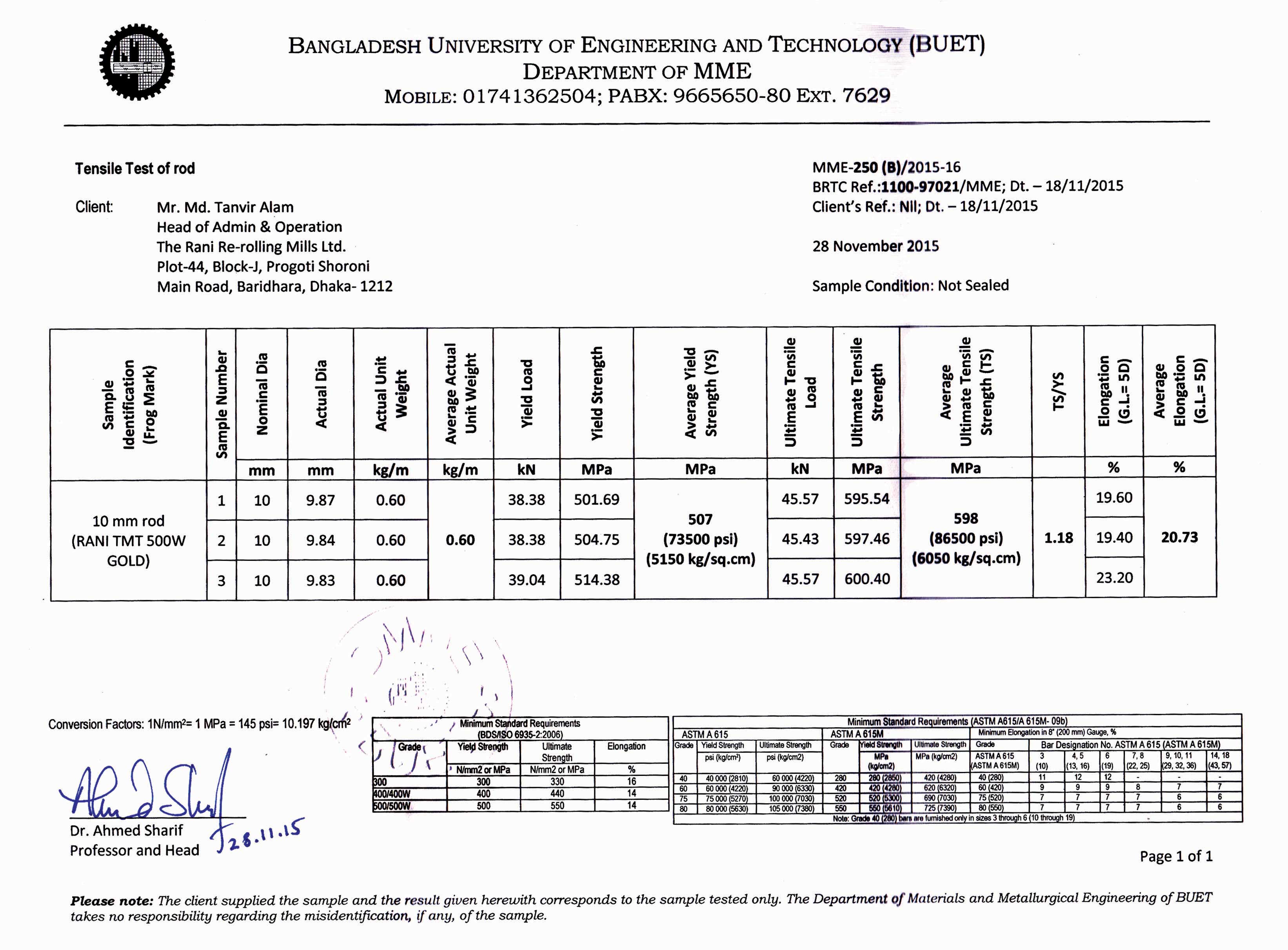 BUET Certificate (Bend Test)-The Rani Re-Rolling Mills Ltd.
